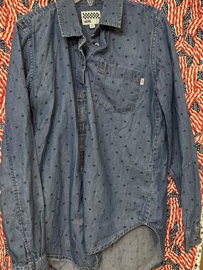 Vans Men’s Denim Button-Down Shirt in Blue with Polka Dot Print